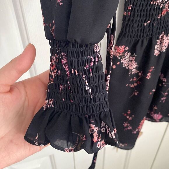 Parker Floral Plum Blossom Smocked Waist Dress Tie‎ Neck Elastic XS - Picture 3 of 9